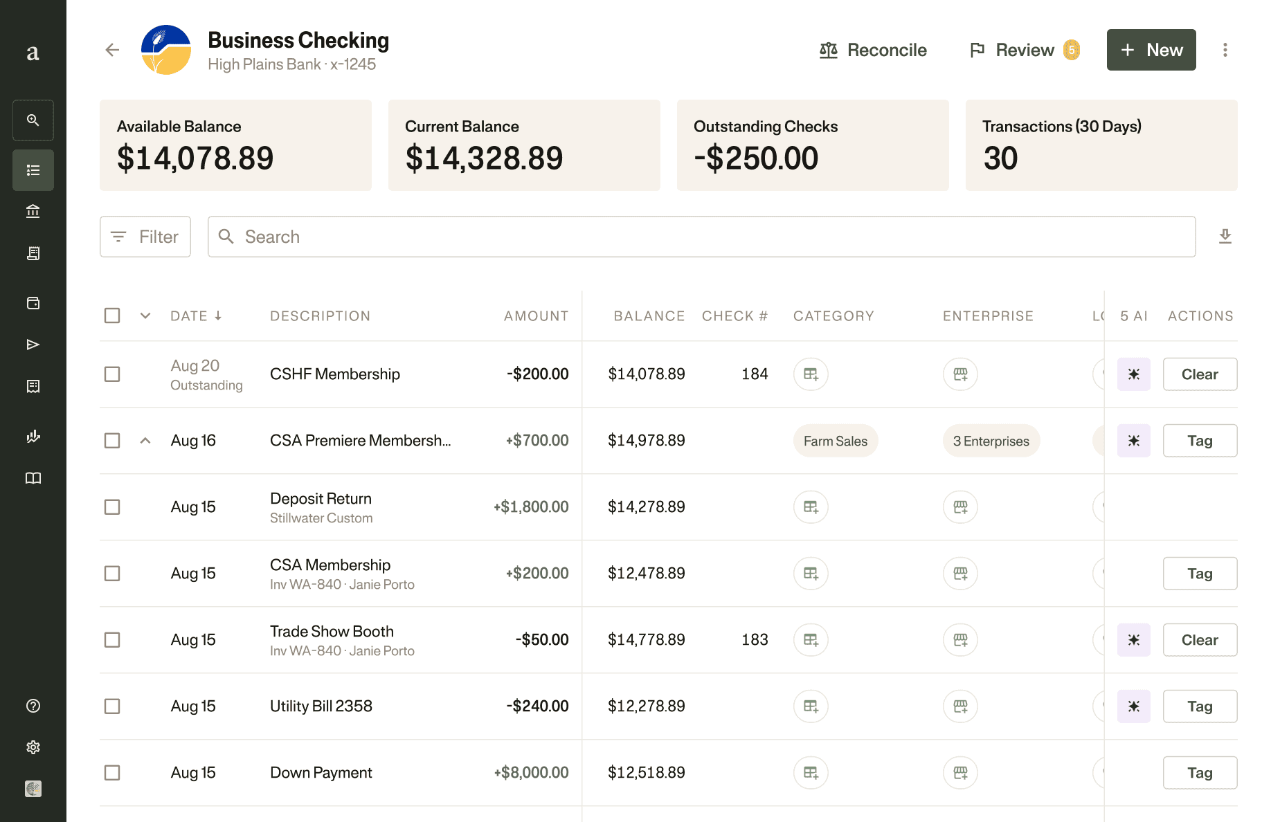 Laptop user interface mockup of bookkeeping in the ledger on Ambrook
