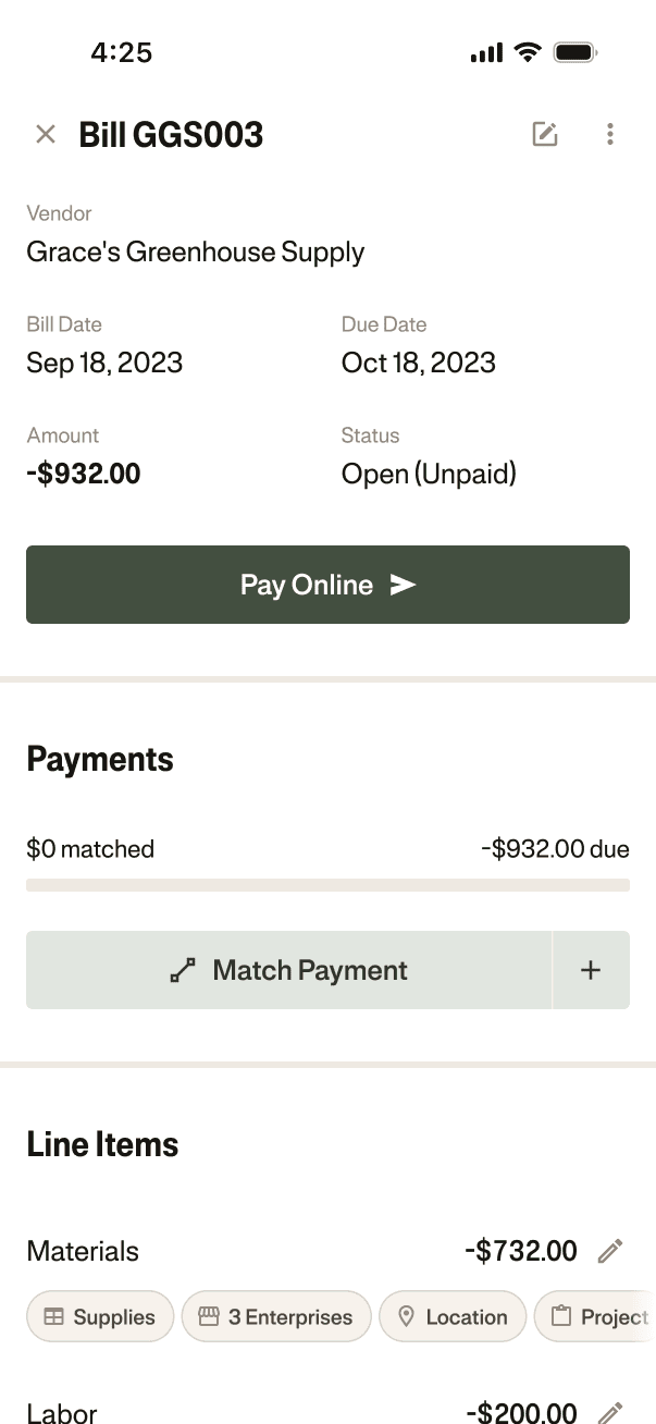 Phone user interface mockup of bill pay on Ambrook